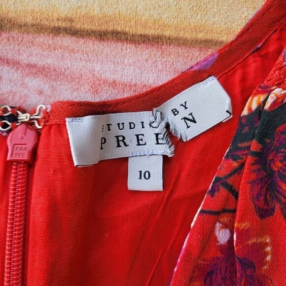 Studio by Preen Red Floral Print Short Sleeve Ruffle Asymmetric Hem Dress 6US - Picture 7 of 8